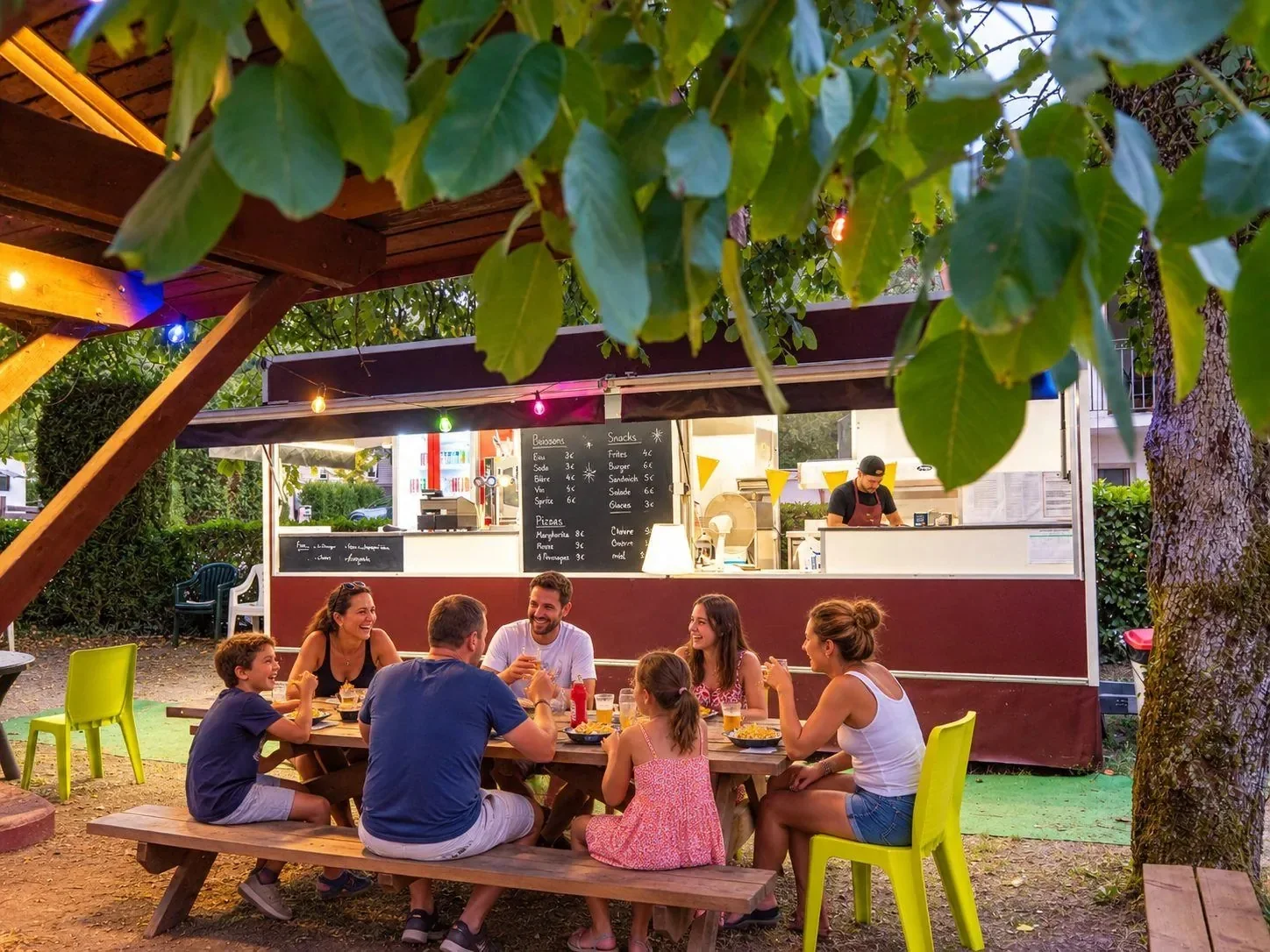 Family meal on the Camping des Neiges terrace, in front of the food truck